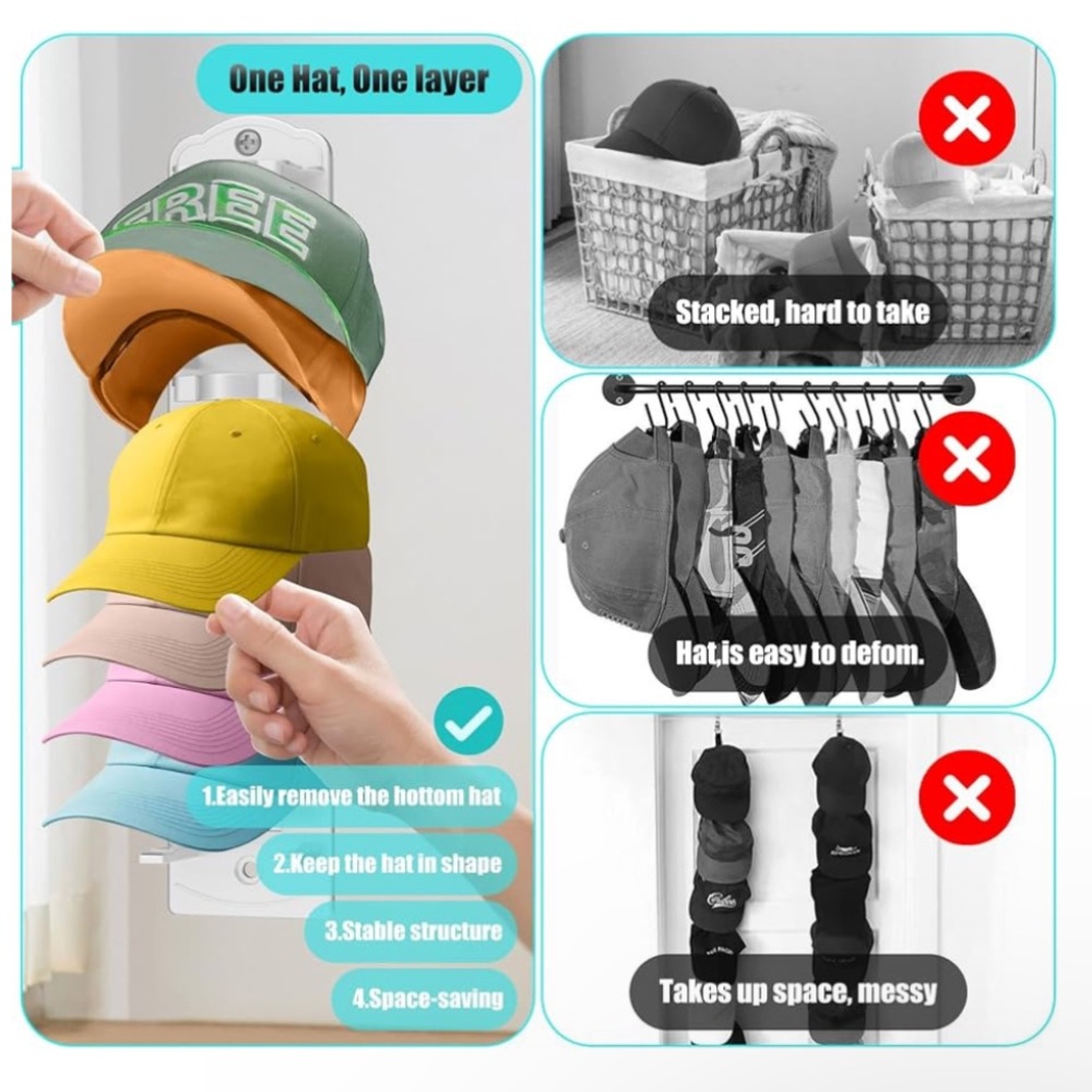 Hat Organizer for Baseball Caps, Strong Adhesive Hat Rack for Wall, - Picture 4 of 7